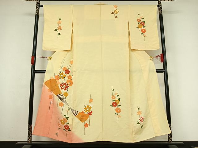 平和屋着物▽訪問着 単衣 駒刺繍 扇面花文 暈し染め 金彩 正絹 逸品