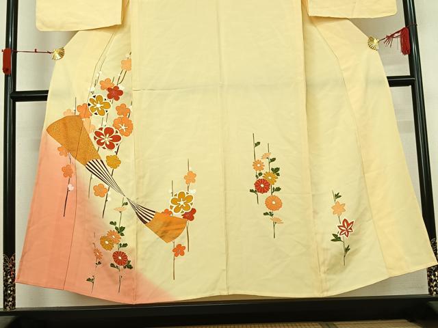 平和屋着物▽訪問着 単衣 駒刺繍 扇面花文 暈し染め 金彩 正絹 逸品