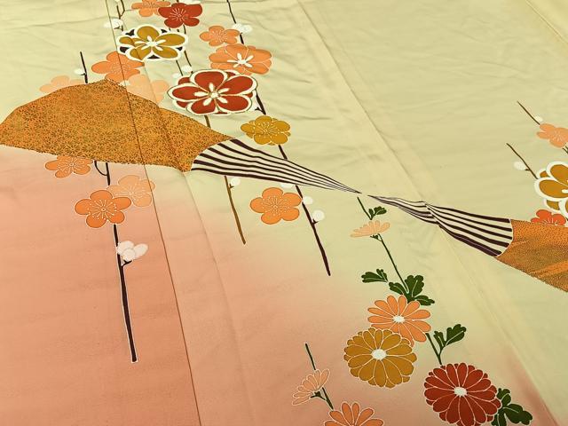 平和屋着物▽訪問着 単衣 駒刺繍 扇面花文 暈し染め 金彩 正絹 逸品