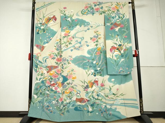 平和屋着物●京加賀友禅　松本健一　振袖　流水鴛鴦草花文　正絹　逸品　AABL4226cs