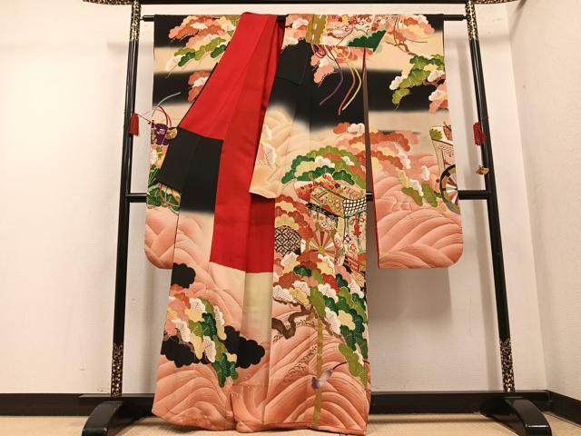 平和屋本店○アンティーク 大正ロマン 振袖 駒刺繍 御所車草花文 暈し染め