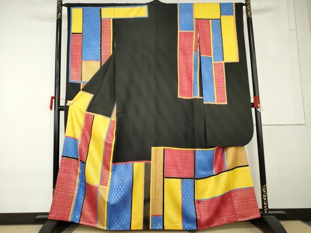 平和屋着物●希少　GIVENCHY　ジバンシー　振袖　幾何学格子　黒地　金彩　正絹　逸品　AABM5461cs