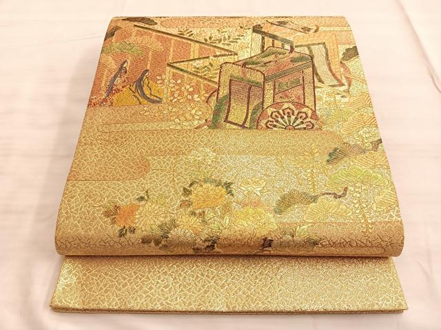 平和屋着物◎本場筑前博多織 太鼓柄袋帯 総刺繍 草花文 薄紅色