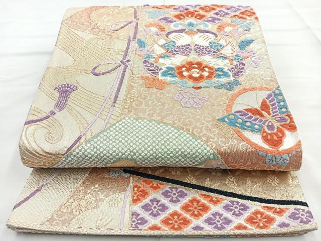 金糸 銀糸 正絹 御所車豪華袋帯 ys6841880; 袋帯 西陣織 金糸 御所車に