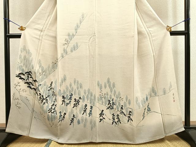 平和屋着物●京友禅作家　山科春宣　訪問着　紬地　手描き　樹林文　金彩　正絹　逸品　BAAO1629ph 平和屋着物○京友禅作家 山科春宣 訪問着 紬地 手描き 樹林