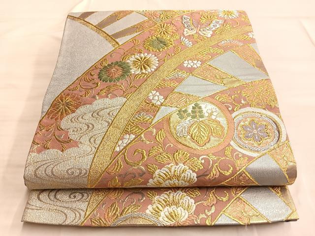 平和屋着物□六通柄 本袋帯 舞蝶七宝花文 金糸 正絹