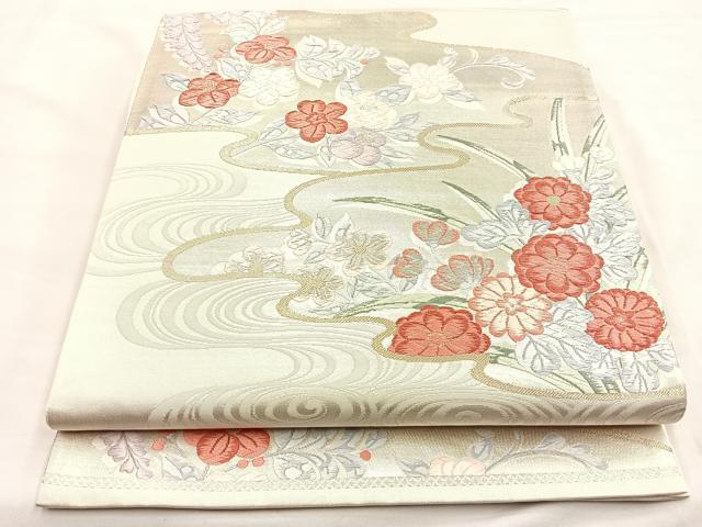 平和屋着物＊夏物　六通柄袋帯　草花文　金銀糸　正絹　逸品　DABA0083cm 平和屋着物＊夏物 六通柄袋帯 流水草花文 金銀糸 正絹 逸品