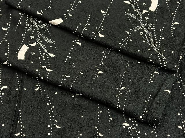 平和屋着物▽上質な小紋　単衣　短冊枝葉文　黒地　正絹　逸品　BAAS0120yt