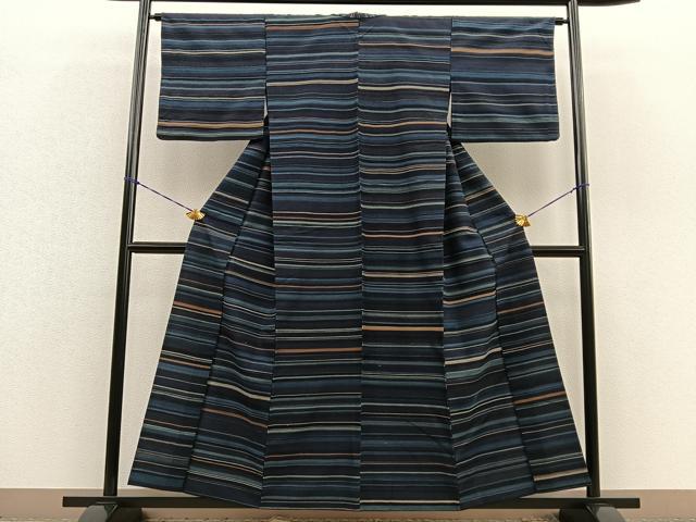 平和屋着物▽上質な紬　単衣　横段文　正絹　逸品　BAAS3509ui 平和屋着物▽上質な紬 単衣 横段文 正絹 逸品 BAAS3509ui