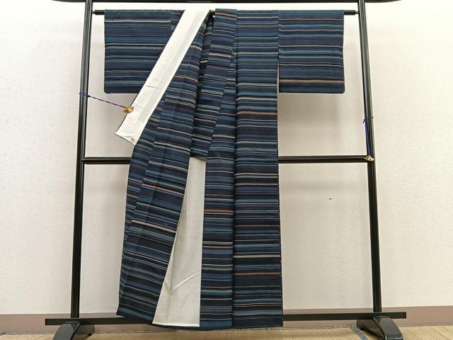 平和屋着物▽上質な紬　単衣　横段文　正絹　逸品　BAAS3509ui 平和屋着物▽上質な紬 単衣 横段文 正絹 逸品 BAAS3509ui