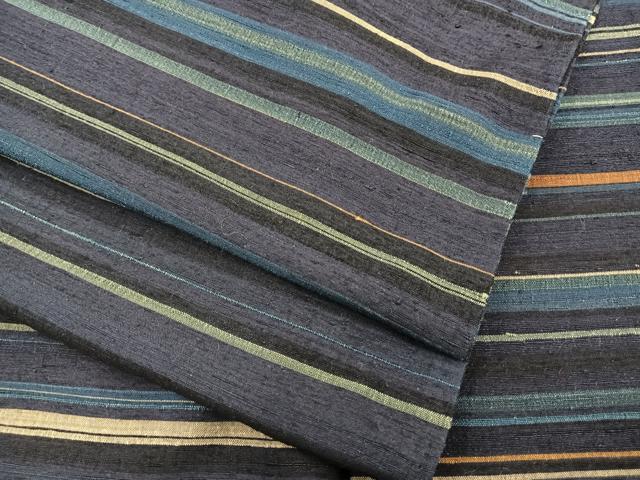 平和屋着物▽上質な紬　単衣　横段文　正絹　逸品　BAAS3509ui