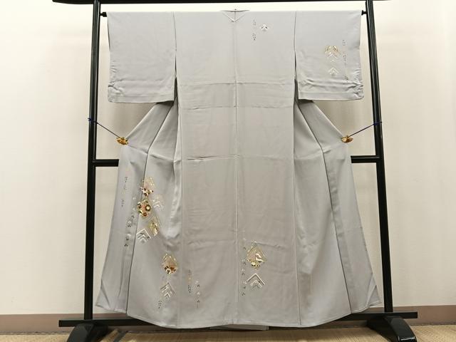 平和屋着物▽訪問着　単衣　色紙花文　金彩　正絹　逸品　BAAS5283ui