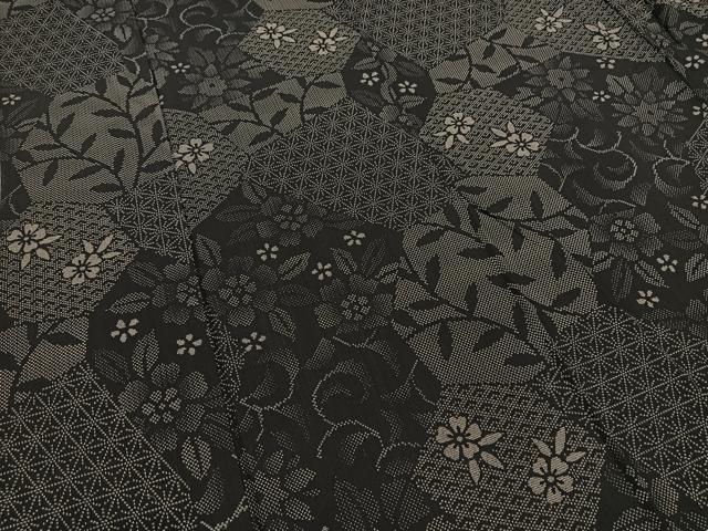 平和屋着物▽本場大島紬　単衣　切り嵌め草花文　黒地　正絹　逸品　BAAS8022yc