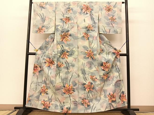 平和屋着物▽上質な小紋 単衣 舞花文 暈し染め 正絹 逸品