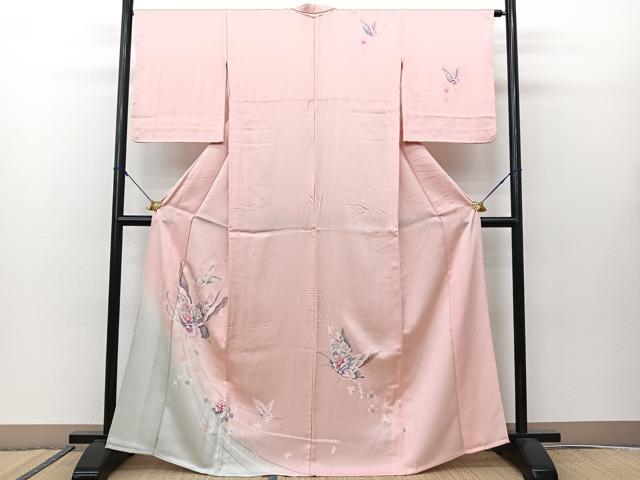 平和屋着物▽訪問着　単衣　花蝶文　暈し染め　金銀彩　正絹　逸品　BAAS8068yc