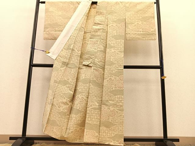 平和屋着物▽上質な紬 単衣 色紙飛鳥文 正絹 逸品 AAAZ9348fy