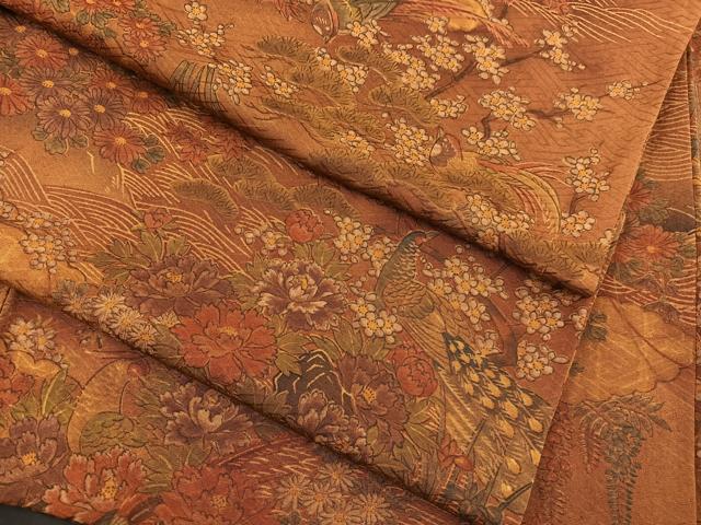 平和屋着物▽上質な小紋　単衣　立波花鳥文　正絹　逸品　BAAS8368hv