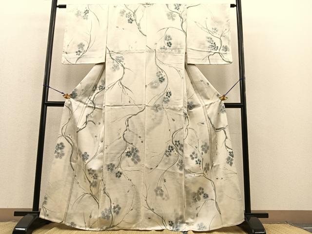 平和屋着物▽染色家 岩浅公展　小紋　単衣　手描き　枝梅文　正絹　逸品　未使用　BAAS8380hv_1
