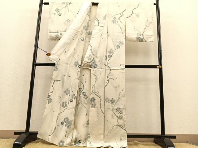 平和屋着物▽染色家 岩浅公展　小紋　単衣　手描き　枝梅文　正絹　逸品　未使用　BAAS8380hv 平和屋着物▽染色家 岩浅公展 小紋 単衣 手描き 枝梅文
