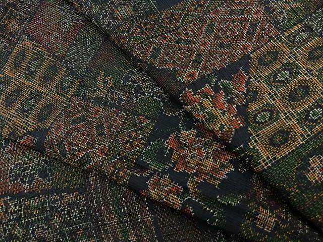 平和屋着物▽上質な紬　単衣　吉祥花唐草文　正絹　逸品　BAAS9215ow