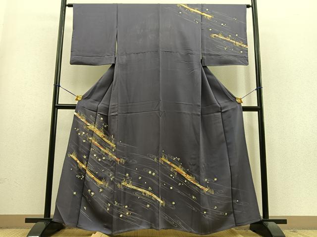 平和屋着物▽訪問着　単衣　駒刺繍　流水草花文　金彩　正絹　逸品　BAAS9236ow