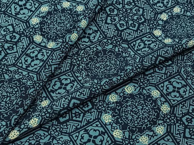 平和屋着物▽小紋　単衣　藍　型染め　吉祥花文　洗える着物　BAAT0424yt