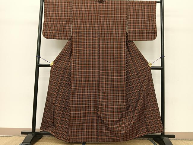 平和屋着物●黄八丈　紬　格子柄　正絹　逸品　BAAT0807yc 平和屋着物○黄八丈 紬 格子柄 正絹 逸品 BAAT0807yc