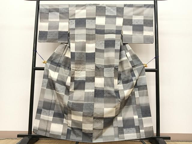 平和屋着物●上質な紬　花織　市松文様　やまと誂製　正絹　逸品　BAAT0816yc