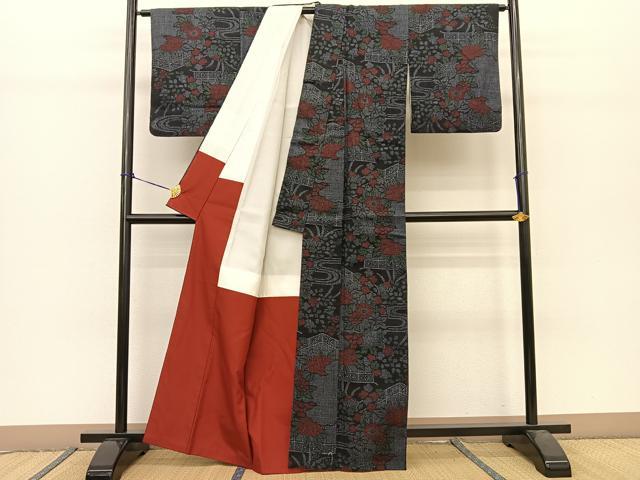 平和屋着物○本場結城紬 重要無形文化財 100亀甲 風景牡丹花文