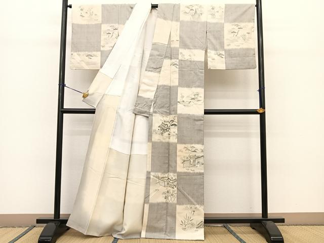 平和屋着物●生紬　市松風景文　正絹　逸品　BAAT0857yc 平和屋着物○生紬 市松風景文 正絹 逸品 BAAT0857yc 平和屋着物○