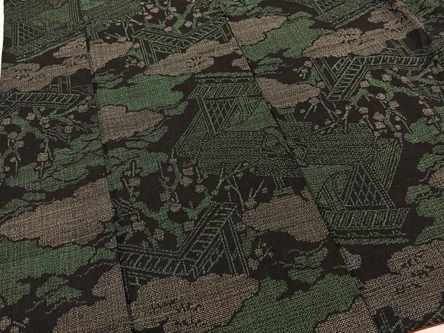 平和屋着物●本場結城紬　重要無形文化財　100亀甲　飛び亀甲　人物風景文　黒地　正絹　逸品　BAAT0867yc