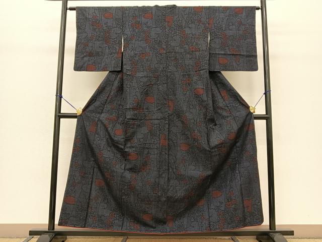 平和屋着物○本場結城紬 重要無形文化財 100亀甲 立涌花文