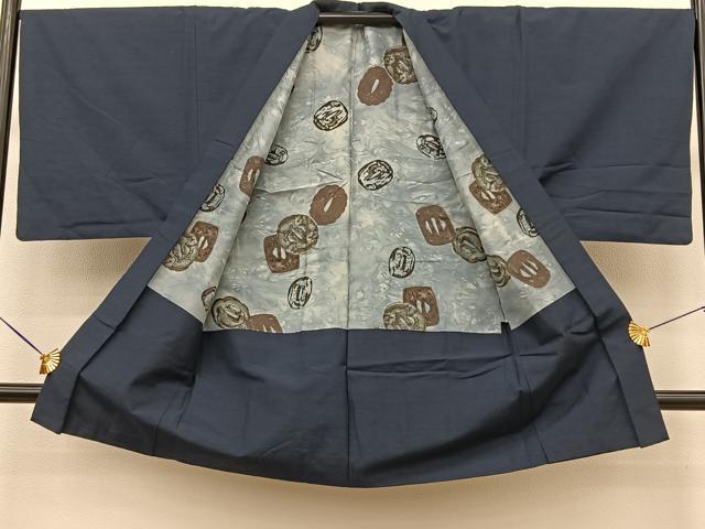 平和屋着物○男性 紬 アンサンブル 色無地 留紺色 正絹 逸品  