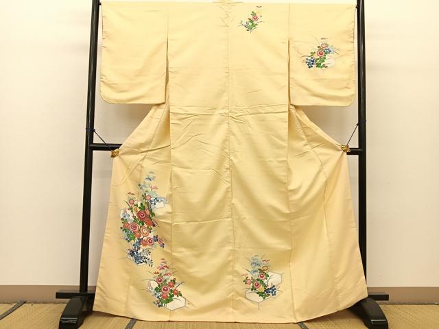 平和屋着物●訪問着　友禅　紬地　亀甲秋草文　正絹　逸品　BAAT0950yc