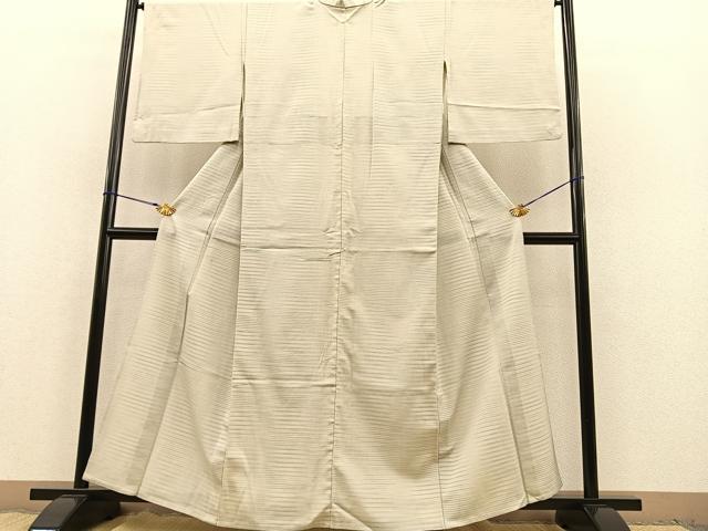平和屋着物▽本塩沢　単衣　やまだ織　横段文　正絹　逸品　BAAT1155hv_1
