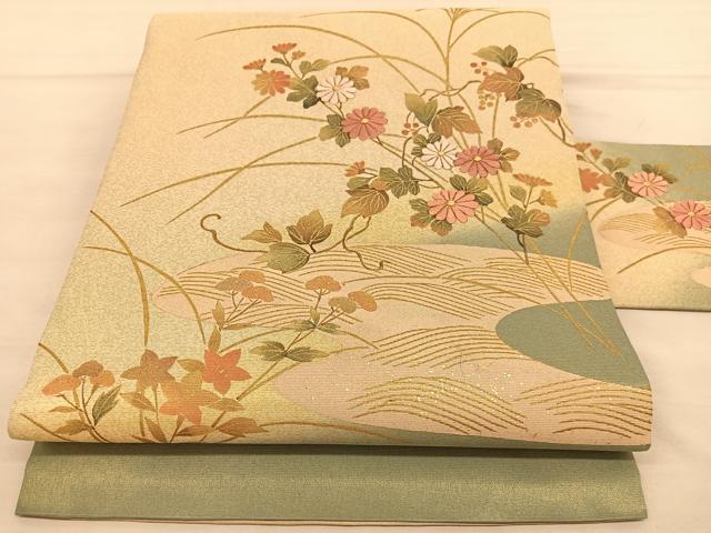 角帯 金糸刺繍 巾約10cm 平和屋着物□九寸名古屋帯 総刺繍 花蝶文 金糸 引箔 逸品