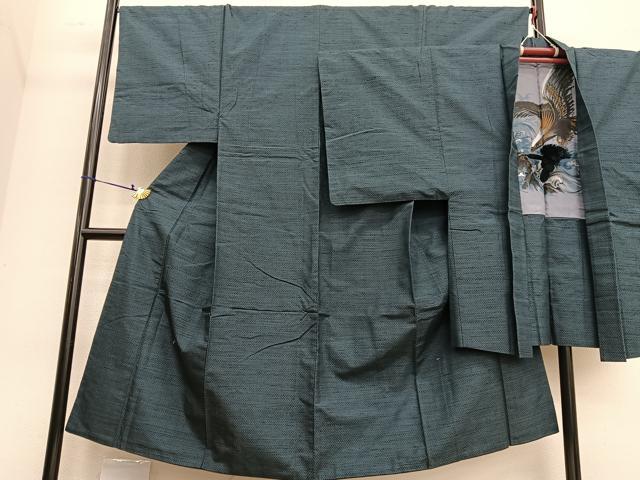 平和屋着物●男性　紬　アンサンブル　格子柄　羽裏：鷹　正絹　逸品　BAAT6740hv