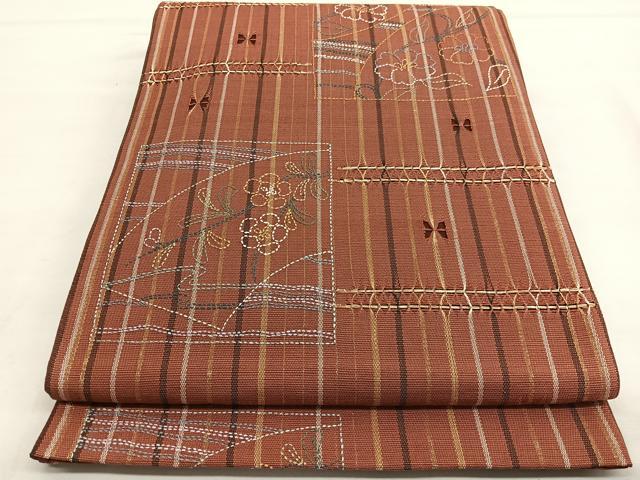平和屋着物●太鼓柄袋帯　刺し子　リボン織　色紙花文　金糸　正絹　逸品　BAAT6773hv