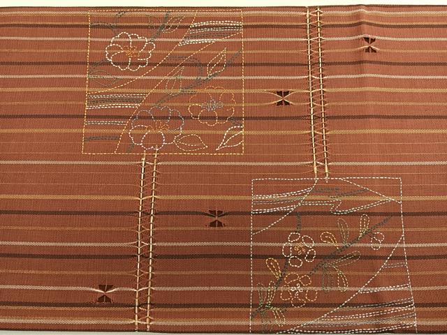 平和屋着物○太鼓柄袋帯 刺し子 リボン織 色紙花文 金糸 正絹 逸品