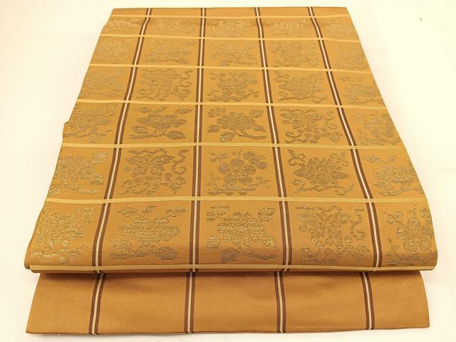 平和屋着物●西陣　川島織物　九寸開き名古屋帯　格子柄花文　金糸　正絹　逸品　BAAT7966yc