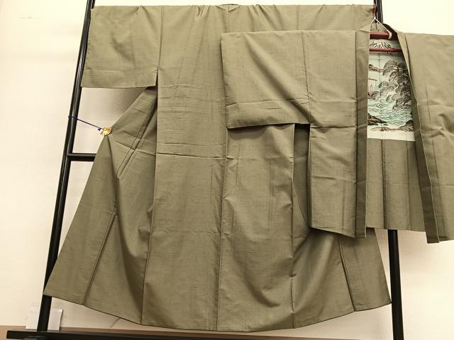 平和屋着物●男性　紬　アンサンブル　色無地　油色　キングサイズ　正絹　逸品　BAAT8737hv