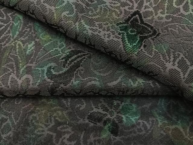 平和屋着物＃道行コート　ロング丈　輪奈織　草花文　黒地　正絹　逸品　BAAT8960gt