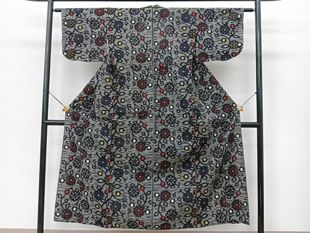 平和屋着物▽久留米絣　単衣　花唐草文　綿　逸品　BAAT9009yc