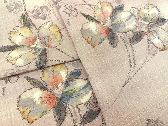 平和屋着物▽上質な紬　単衣　草花文　正絹　逸品　BAAT9030yc