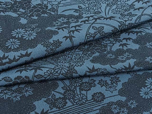 平和屋着物▽上質な小紋　単衣　本藍　型絵染　雲取り花文　鬼しぼ縮緬　正絹　逸品　BAAT9068yc