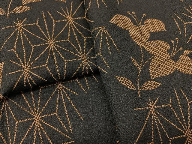 平和屋着物▽小紋　単衣　枝花麻の葉文　黒地　洗える着物　BAAT9099yc