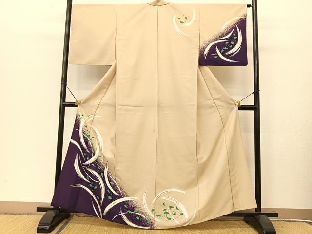 平和屋着物▽訪問着　単衣　草葉文　金彩　洗える着物　BAAT9122yc