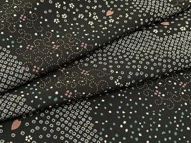 平和屋着物●小紋　単衣　道長花唐草文　黒地　洗える着物　BAAT9133yc