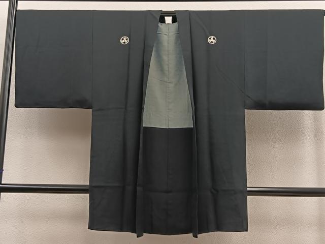 平和屋着物＃男性　長羽織　黒紋付　羽裏：動物丸文　正絹　逸品　BAAU0022gt