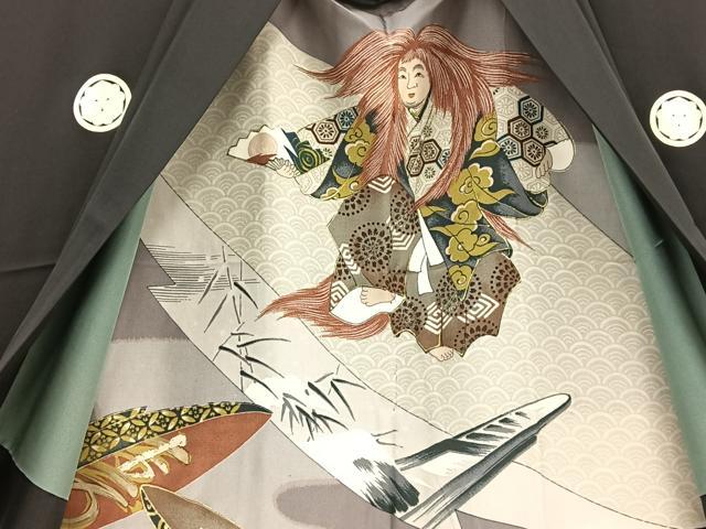 平和屋着物＃男性 長羽織 黒紋付 羽裏：人物文 正絹 逸品 BAAU0054